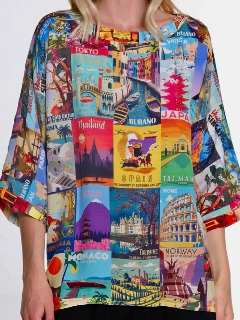 John Mark Top Shirt Blouse Large Petite PL Patchwork Postcard Print World Travel